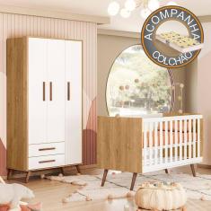 Imagem de Quarto de Bebê com Berço Americano 3820 e Roupeiro 3830 Qencanto Retrô Qmovi Freijó Branco Acetinado + Colchão Gazin