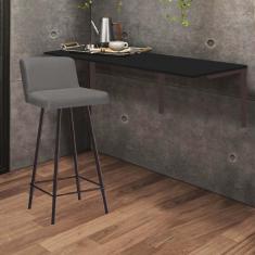 Imagem de Kit Mesa Suspensa de Parede Fixa MDF Preto + 1 Banqueta Lexi Ferro Marrom Sintético Cinza - Ahazzo Móveis