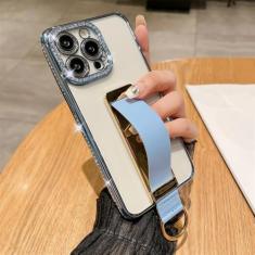 Imagem de Alça de pulso anel de dedo suporte invisível capa de telefone para iPhone 14 15 ProMax 12 13 Pro Max 11 Plus capa luxuosa revestida de diamante, azul celeste, para iPhone 12Pro