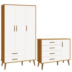 Imagem de Comoda Sapateira e Guarda Roupa Isis Retrô 3 Portas 2 Gavetas Branco Fosco/ Savana Fosco - Reller