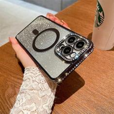 Imagem de Capa magnética Gradient Glitter Diamond para iPhone 11 13 12 14 Pro Max 14 Plus Capa de carregamento sem fio transparente macia, preta, para iPhone 13 ProMax