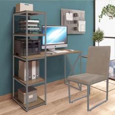 Imagem de Kit Escritório Mesa Max BeX 5 Prateleiras e Cadeira Stan Prata Tampo Madeira Sintético Bege - Ahz Móveis