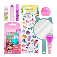 Imagem de Kit De Maquiagem Infantil Batom Brilho Gloss Espelho Adesivo