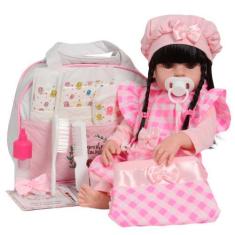 Imagem de Boneca Reborn Realista Morena 46cm Enxoval Xadrez Completo - Cegonha R