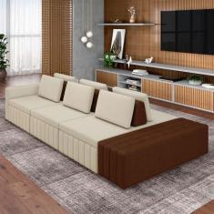 Imagem de Sofá Ilha com Encosto e Almofadas Móveis Olimpo 365cm Modulado Linho/PU Bege/Marrom G45 - Gran Belo