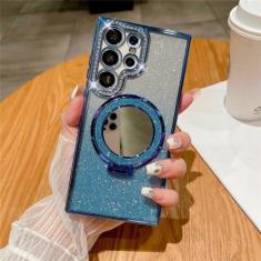 Imagem de Capa luxuosa com suporte espelhado e glitter para Samsung S24 Ultra Galaxy S23 S22 Ultra Plus com revestimento transparente de diamante, PeakBlue, para Samsung S22