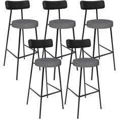 Imagem de Kit 05 Banquetas Alta Cozinha Sala Jantar Milão L02 Couríssimo Preto Linho Cinza Escuro - Lyam Decor