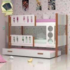 Imagem de Beliche Infantil Solteiro Ônix com Cama Auxiliar Branco Caramelo Divaloto Móveis Acompanha Lousa Mágica