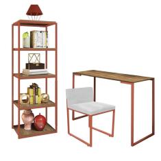 Imagem de Kit Escritório Ravi 1 Cadeira Suede Branco com 1 Mesa e 1 Livreiro Ferro Bronze MDF Rústico - Ahazzo Móveis
