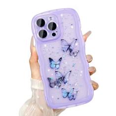 Imagem de UEEBAI Capa Wave para iPhone 15 Pro Max, linda capa brilhante com glitter para mulheres, capa de telefone bonita e brilhante para meninas, capa transparente com borboleta, ondulada, à prova de choque,
