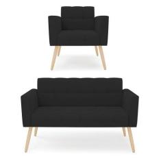 Imagem de Kit 1 Sofá Namoradeira e 1 Poltrona Elisa Veludo Preto Pés Palito Natu