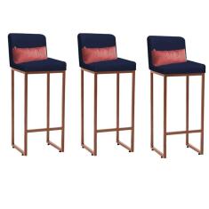 Imagem de Kit 03 Banqueta Alta com Encosto Lucca Industrial Cozinha Balcão Ferro Bronze Suede Azul Marinho e Almofada Rose Gold - Ahazzo Móveis