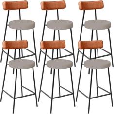 Imagem de Kit 06 Banquetas Baixa Bar Cozinha Sala Jantar Milão L02 Couríssimo Camel Linho Bege - Lyam Decor