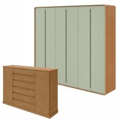 Imagem de Conjunto de Guarda-Roupa Casal Loop 6 Portas e Cômoda 2 Portas 7 Gavetas 3 Prateleiras Vedra  Amendoa Clean/Salvia