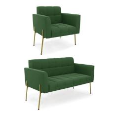 Imagem de Sofá Namoradeira E Poltrona Pé De Ferro Dourado Elisa Suede D03 - D'rossi Cor Verde