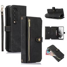 Imagem de UEEBAI Capa para Samsung Galaxy Z Fold 4 5G, 9 compartimentos para cartões, carteira de couro retrô à prova de choque, capa flip com alça de mão, compartimentos para cartões, bolso com zíper, suporte,