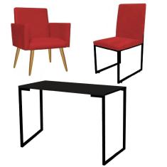 Imagem de Kit Escritório Stan Poltrona com Cadeira e Mesa Industrial Tampo Preto Suede Vermelho - Ahz Móveis