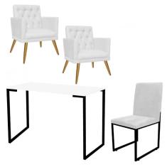 Imagem de Kit Escritório Stan 2 Poltronas Maria com Cadeira e Mesa Industrial Branco Preto Tecido Sintético Branco - Ahz Móveis