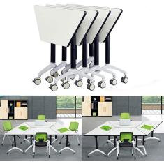 Imagem de Mesas de conferência trapezoidais Mesa de reunião dobrável, mesa de treinamento móvel flip top com mesa de emenda e rodas traváveis, mesa de computador mesa de seminário sala de reuniões de