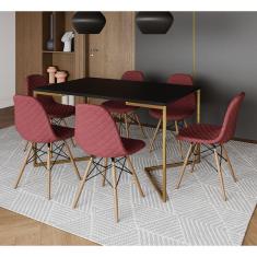 Imagem de Mesa Industrial Retangular Preta Base V Dourada 137x90cm com 6 Cadeiras Estofadas Vermelhas Madeira 