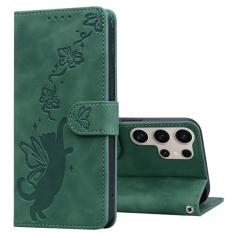 Imagem de Refilerss Capa carteira para Samsung Galaxy S24 Ultra, capa flip de couro premium com suporte para cartão, fecho magnético, borboleta, padrão de gato, suporte à prova de choque, capa protetora para