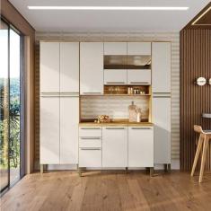 Imagem de Cozinha Compacta Modulada 4 Peças 12 Portas e 2 Gavetas com Vidro e Tampo Itália Espresso Móveis Amêndoa/Off White
