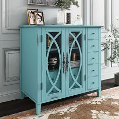 Imagem de Armário de armazenamento para casa de fazenda, armário de armazenamento de realce buffet de madeira com 2 portas decorativas e 5 gavetas para cozinha, escritório, quarto, corredor, entrada, sala de