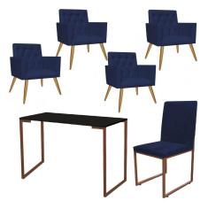 Imagem de Kit Escritório Stan 4 Poltronas Capitonê com Cadeira e Mesa Industrial Preto Bronze Suede Azul Marinho - Ahz Móveis