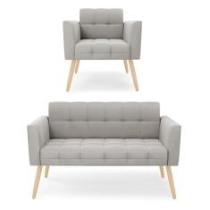 Imagem de Kit 1 Sofá Namoradeira e 1 Poltrona Elisa Veludo Cinza Pés Palito Natu