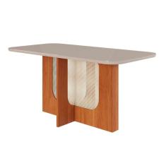 Imagem de Mesa p/ Cozinha Louise c/ Tampo Madeirado c/ Vidro 160x80cm Cinamomo/Off White - Cimol