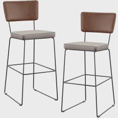 Imagem de Kit 02 Banqueta Alta Cozinha Sala Jantar Fixa Allana L02 Couríssimo Marrom Linho Bege - Lyam Decor