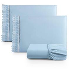 Imagem de Jogo De Lençol Queen 3 Peças Basic Percal 180 Fios Lese Bordado Inglês - Azul