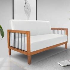 Imagem de Sofá Namoradeira 2 Lugares Sala de Estar Pés Madeira Maciça Corda Náutica Preta 160cm Manila PU Branco G63 - Gran Belo