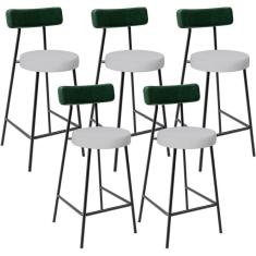 Imagem de Kit 05 Banquetas Baixa Bar Cozinha E Sala De Jantar Milão L02 Facto Verde Linho Cinza - Lyam Decor