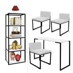 Imagem de Kit Escritório Ravi 3 Cadeiras Suede Branco com 1 Mesa e 1 Livreiro Ferro Preto MDF Branco - Ahazzo Móveis
