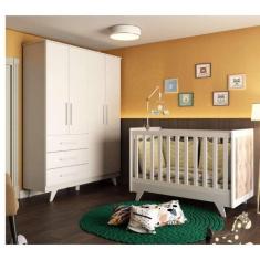 Imagem de Conjunto para Quarto de Bebê com Guarda Roupa e Berço com Capitone Retrô Móveis Peroba Branco Brilho/Pena Areia