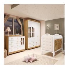 Imagem de Quarto de Bebê Guarda-Roupa e Cômoda com Janelas e Berço com Capitonê Maya Clássico Espresso Móveis Branco Brilho/Amêndoa/Branco
