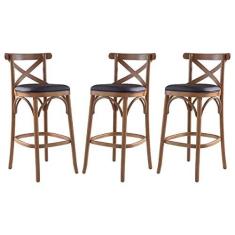 Imagem de Kit 3 Banquetas Alta Estofada Espanha 43 x 103 Cm Madeira Maciça Mel Facto Marrom L74 - RMI