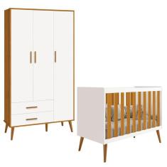 Imagem de Berço Americano 2 em 1 e Guarda Roupa Isis Retrô 3 Portas 2 Gavetas Branco Fosco/ Savana Fosco - Reller