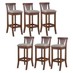 Imagem de Kit 6 Banquetas Alta Estofada Valentina 36 x 100 Cm Madeira Maciça Verniz Linho Bege M58 - RMI