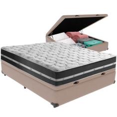 Imagem de Cama Box Baú Bege e Colchão Classic Preto Molas ensacadas Casal Anjos