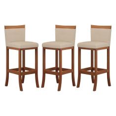 Imagem de Kit 3 Banquetas Média Encosto Estofado 38x92Cm Paris Madeira Maciça Castanho Suede CCS