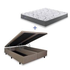 Imagem de Cama Box Super King Baú Courino Linho Bege + Colchão Adapto Molas Ensacadas 193x203