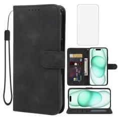 Imagem de Wanyuexes Capa para iPhone 15 Plus de 6,7 polegadas, capa carteira para Apple 15 Plus com protetor de tela de vidro temperado, pele de poliuretano flip com suporte para cartão de crédito para iPhone