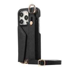 Imagem de Capa de telefone de couro com alça de pulso crossbody para iPhone 15 14 Plus 13 Mini 12 11 Pro Max Carteira com capa de suporte para cartão, preta, para iPhone 14 Plus