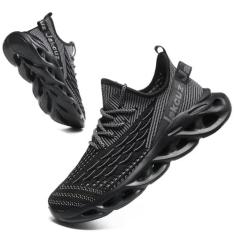 Imagem de Jakcuz Tênis masculino leve para caminhada plus size de malha com estampa de escama de peixe, Preto 1, 39