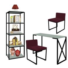 Imagem de Kit Escritório Bex 2 Cadeiras Suede Bordô com 1 Mesa e 1 Livreiro Ferro Preto MDF Verde Oliva - Ahazzo Móveis
