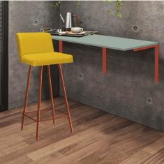 Imagem de Kit Mesa Suspensa de Parede Fixa MDF Verde Oliva + 1 Banqueta Lexi Ferro Bronze Corino Amarelo - Ahazzo Móveis