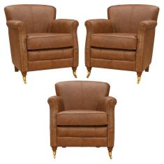 Imagem de Kit 03 Poltronas Decorativas Sala de Estar Brunei Pés Príncipe Couro Mel - Gran Belo