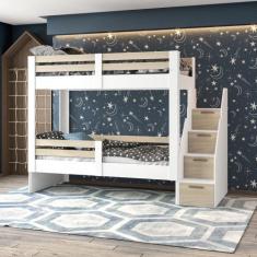 Imagem de Beliche Infantil Jade com Escada Mobikasa, Branco/Legno Salinas
